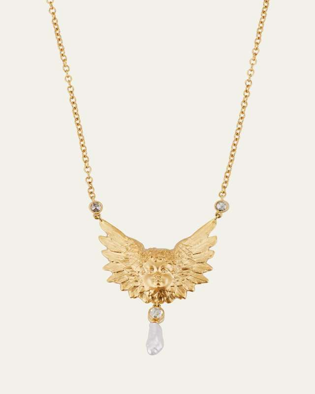 18K Yellow Gold Putti Necklace with Pearl and Diamonds, 16"L